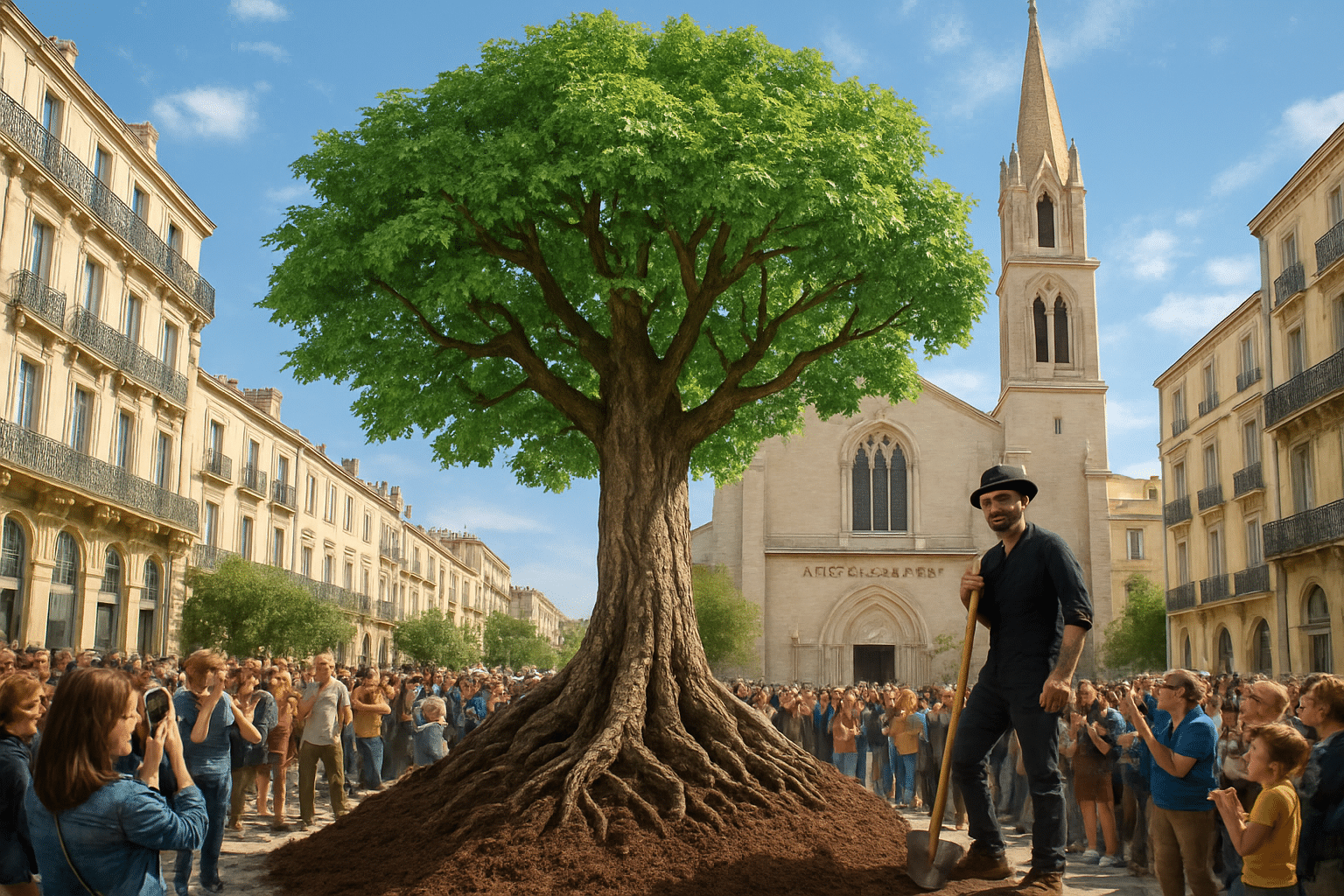 À Montpellier, JR célèbre la renaissance du Carré Sainte-Anne en plantant un gigantesque arbre de vie