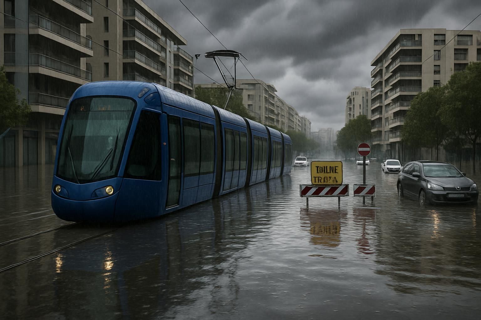 Montpellier sous l’eau : pluies diluviennes, rues fermées et tramways immobilisés en images