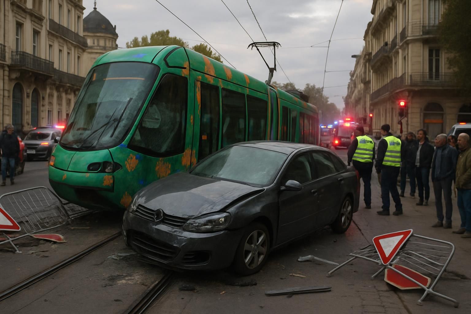 Montpellier : Collision entre une voiture et un tramway provoque un déraillement, le conducteur du véhicule pris de fuite, trafic fortement perturbé